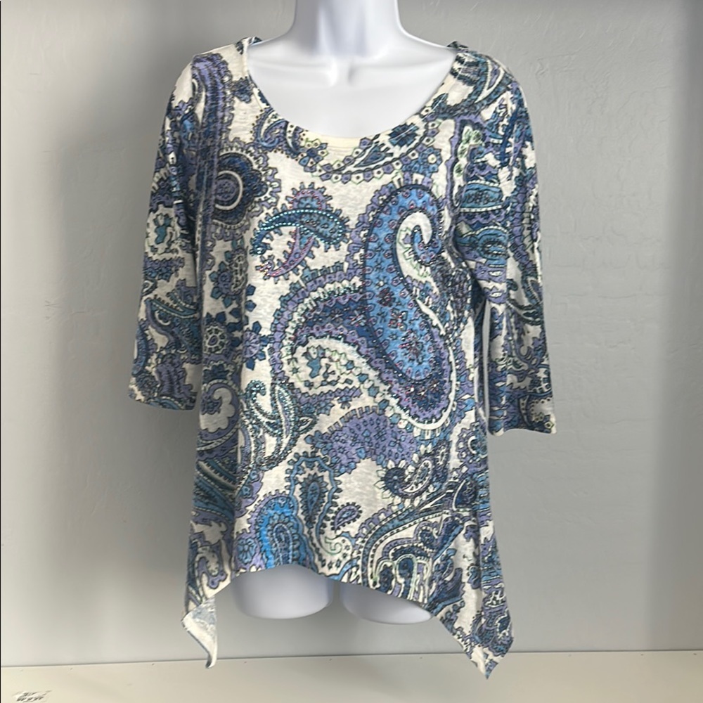 No.019 Asymmetrical Blue 3/4 Sleeve Tunic with Paisley Design